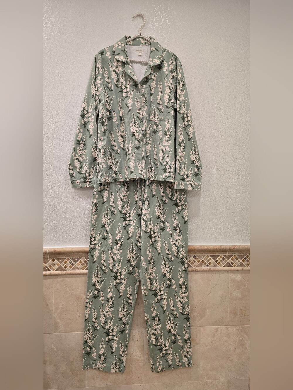 Garnet Hill Organic Cotton Floral Flannel Pajamas Set M Green - Picture 2 of 7